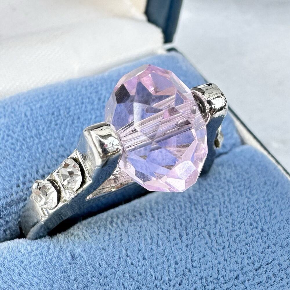 Spinner Cocktail Ring Pink Glass Faceted Gem Silver Tone Spinning Fidget Sz 8.5
